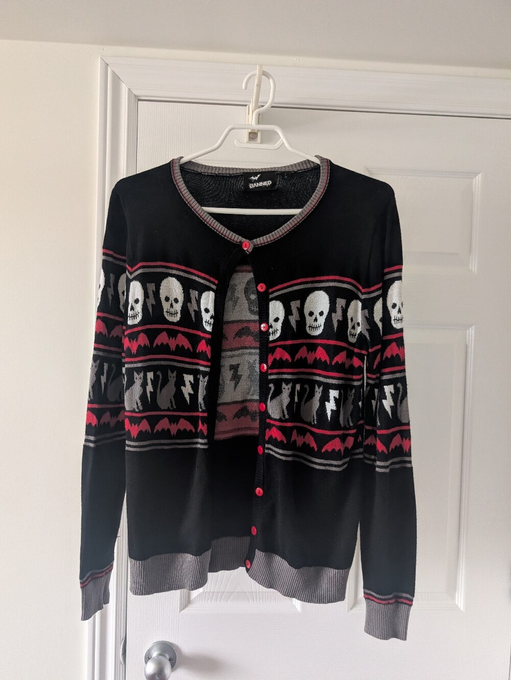 Dark Skull Pattern Cardigan Sweater - Black & Red -